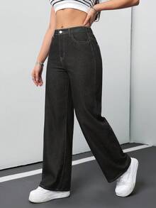 SHEIN PETITE CURVE 大码休闲日常水洗斜插口袋弹力牛仔裤 - 黑色 - 查看 6