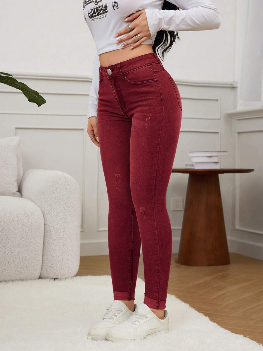 SHEIN Essnce Quần jean skinny rách cạp cao mùa xuân - Màu Đỏ Sâu - Xem 1