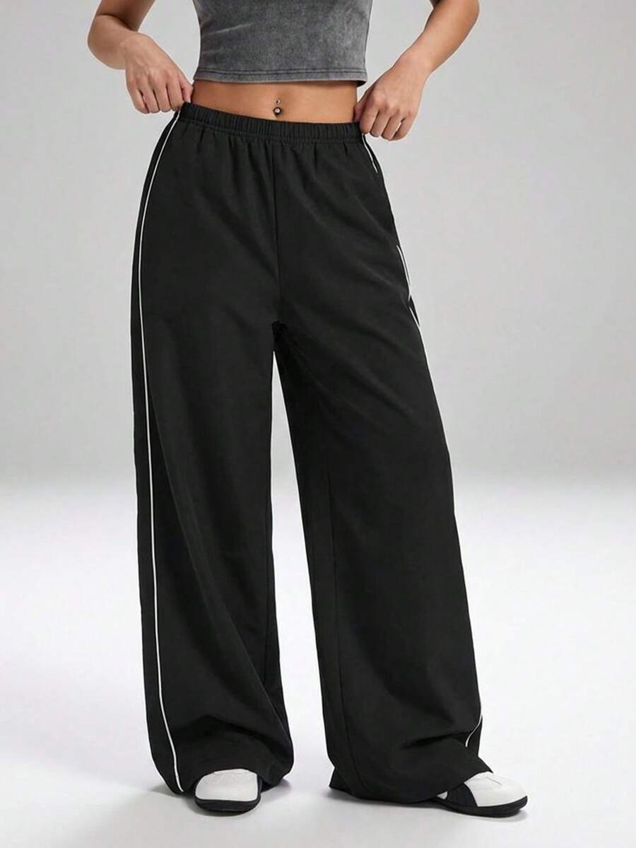 SHEIN EZwear 街頭風格休閒寬腿顏色拼塊及磨邊裝飾女士踝長褲 - 黑色 - 查看 1