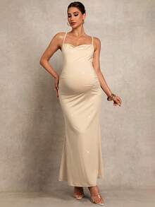 MaterniChic Elegant Champagne Summer Maternity Dress For Party,Pregnant Women Apricot-Colored High Elasticity Backless Halter Neck Valentines Day Party Dresses - Apricot - View 4