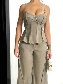 Shopreo Fall Holiday Party Old Money Outfit Rave Festival Outing Swim Vacation Elegant Easter Bohemian BOHO Sea Beach Hot Outdoor Richly Layered Wedding Season Banquet Coming Of Age Ceremony Beach Seaside Beaded Strap Decorative Top And Wide-Leg Pants Elegant Loose Women's Suit Set Formal  Pant Suit Summer Sets Elegant Two Piece Set - Green - View 4