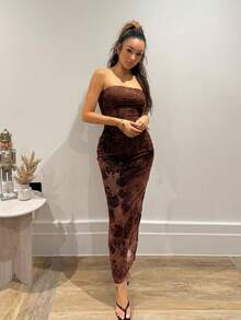 RebeccaVibe Women's Autumn Flocked Floral Print Strapless Dress - Brown - View 5
