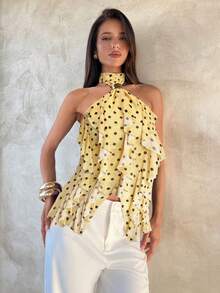 Aloruh 女士优雅多层荷叶边立领修身露背上衣，女士优雅波点上衣，女士度假套装，波点上衣，女士Y2K假日上衣，女士黄色上衣，夏季假日，音乐节派对。黄色夏季上衣，可爱黄色上衣，荷叶边黄色上衣 - 黃色 - 查看 6
