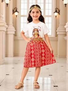 SHEIN 2 pièces/Set Jeune fille Impression de fille mignonne T-shirt à col rond à manches courtes et jupe tissée imprimée à franges de perles florales Tenue décontractée, Printemps/Été - Rouge - Voir 9