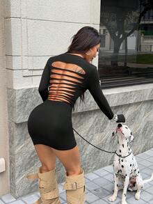 Muchica 女士时尚性感极简纯色深V领露背长袖修身迷你连衣裙