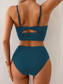 SHEIN Swim 女士高腰收腹纹理面料短裤，黑色吊带比基尼泳装套装，夏季度假休闲 - 墨綠色 - 查看 2