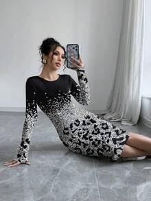 SHEIN Clasi 休闲简约亮面图案女式连衣裙，适合秋冬季穿着 - 彩色 - 查看 6