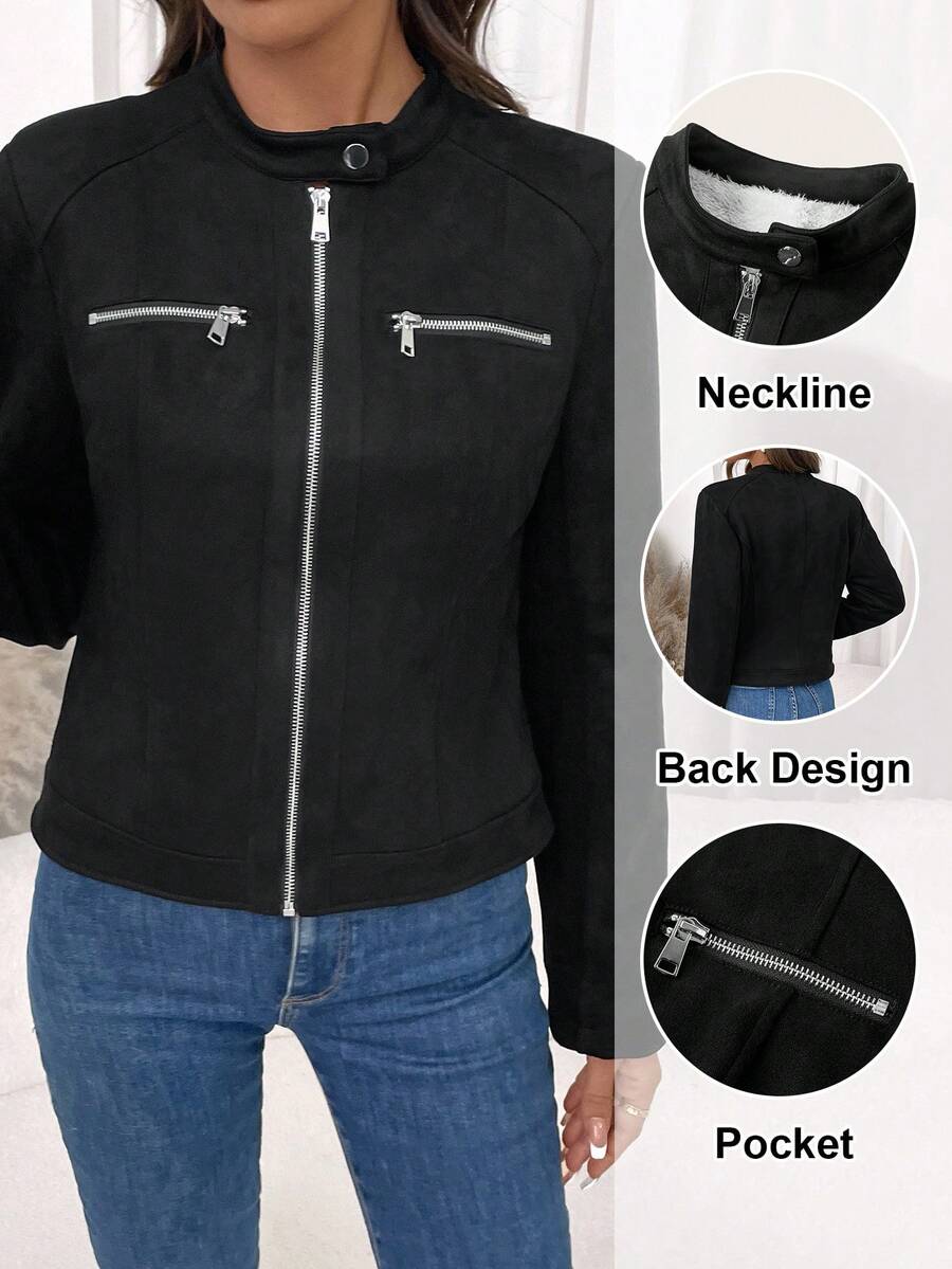 SHEIN Clasi Winter Clothes For Women,Slim Fit Zip-Up Fleece Jacket With Lining, Black High Collar Casual Street Style Long Sleeve Women's Jacket For Autumn/Winter Black Jacket Women Cropped Jacket Black Crop Jacket Jackets For Women Casual Black Blazer Women,Cozy Fall And Winter Clothes For Womenwinter Christmas New Year Party Casual Elegant