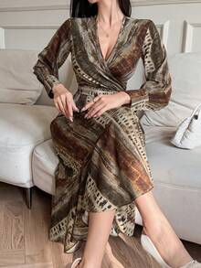 DAZY Đầm maxi nữ cổ chữ V in họa tiết toàn thân, thắt eo, tay dài, kiểu dáng thanh lịch, thích hợp cho mùa hè. - màu nâu - Xem 1