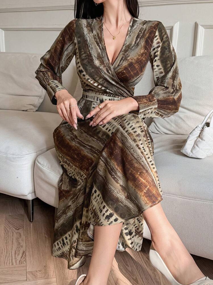 Women's V-Neck Allover Print Cinched Waist Waist Long Sleeve Casual Elegant Dress Maxi Dress Sundress