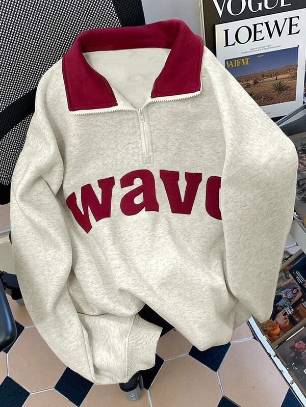 Resyla 女士字母印花长袖拉链休闲宽松卫衣，秋冬款