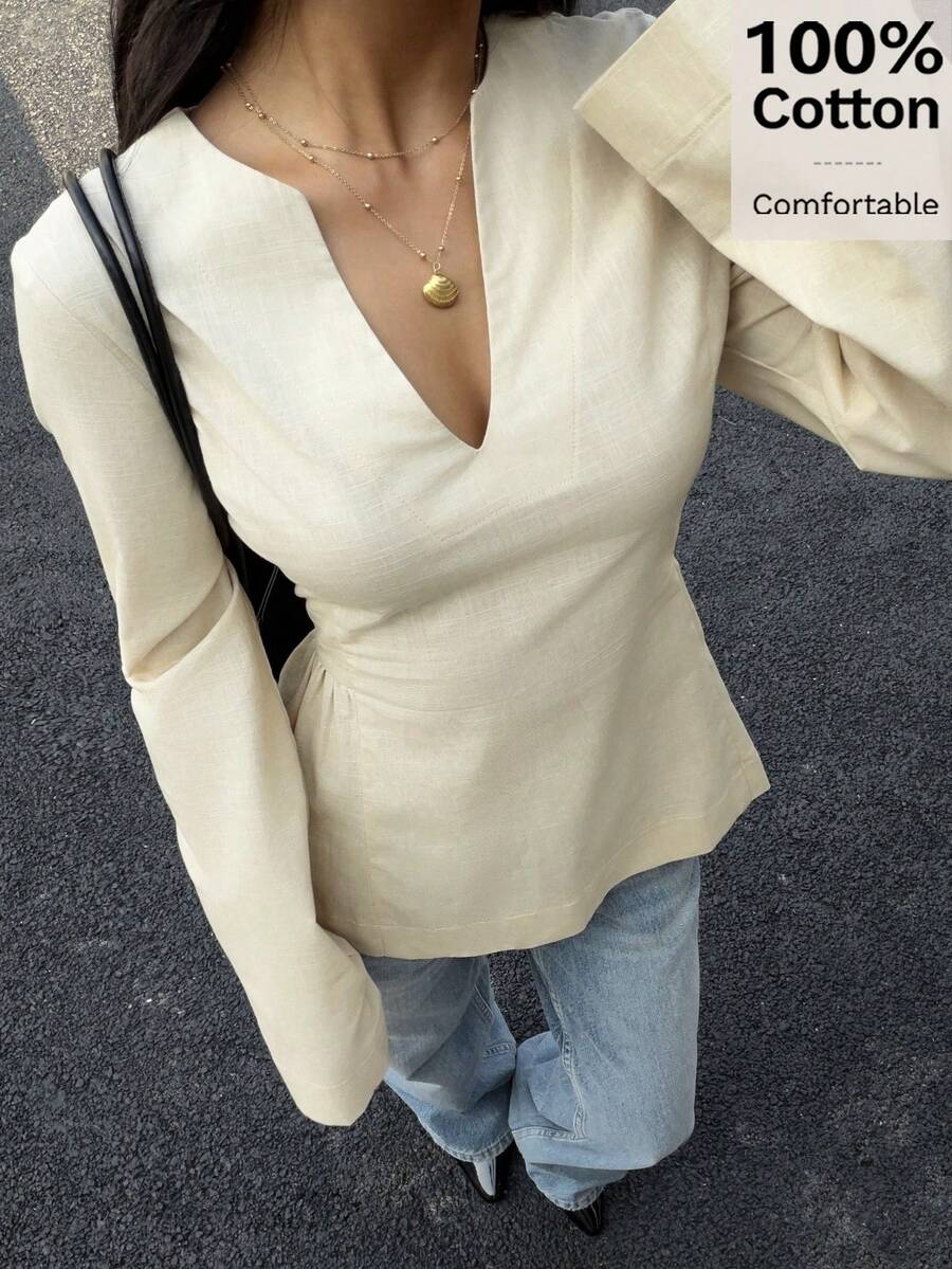 Siren Gaze Women's 100%Cotton V Neck Blouse With Flared Sleeves, Linen Blouse, Collared Shirt, Cotton Shirt, Suitable For Daily Wear, Butter Yellow Blouse , Holiday, Elegant Blouses, Beach Outfit , Spring , Summer Clothes V Neck Blouses For Women Long Sleeve Blouse For Women Cream Tops For Women V Neck Tops Full Sleeve Tops Casual Everyday Top Soft And Comfortable - Apricot - View 1