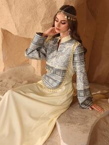 Al Najma Turkish/Arabic Style New Women's Embossed Jacquard Splice Beaded Resort  Turkish Long Dress Kaftan Jalabiya Dress - Apricot - View 7