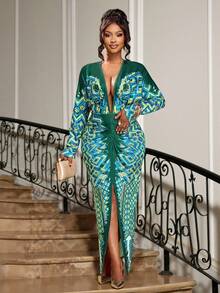 Brilight Women's Elegant V-Neck High Slit Long Slim Dress, Sexy Deep V Neckline, High Waist Dress, Geometric Pattern Print Dress, Spring And Summer, Autumn Dress, Halloween Dress, Christmas Dress, Party, Afternoon Tea And Other Occasions