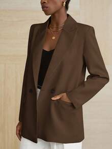 Aveloria Modichic Áo khoác blazer nữ công sở màu trơn, cài khuy đôi, thích hợp mặc đi làm vào mùa thu. - Cà phê nâu - Xem 6