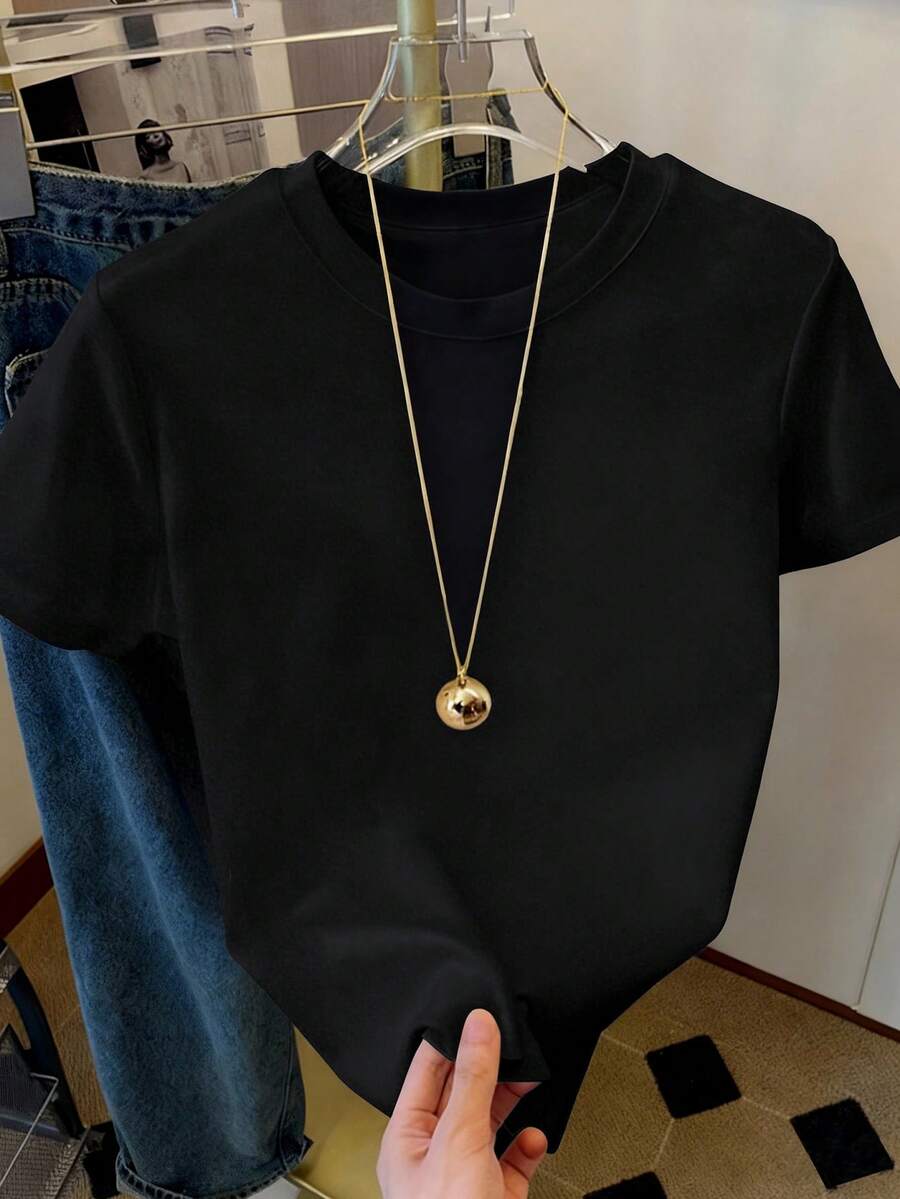 Resyla Women's Solid Color Round Neck Casual Versatile Commuting Short Sleeve T-Shirt - Black - View 1