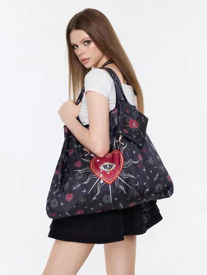 Fairycore Borsa a tracolla pieghevole di grande capacità alla moda con motivo a cuori e note musicali, con portamonete, borsa della spesa portatile