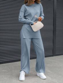 EURMUSE 100% Cotton 2pcs/Set Women's Solid Color Round Neck Long Sleeve Casual Top And Pants Set - Baby Blue - View 3