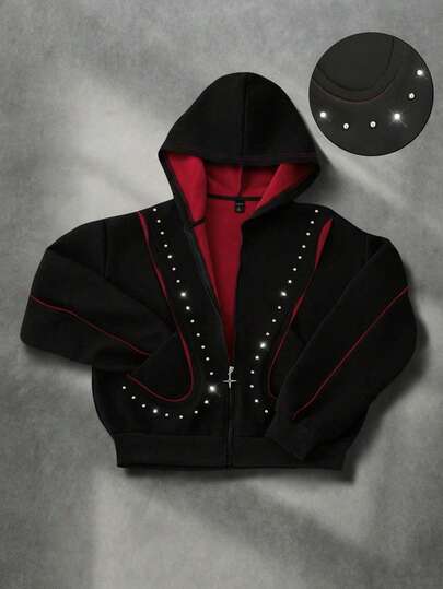 ROMWE MEN Men's Rivet Decor Patchwork Contrast Color Sweatshirt Sweatshirt, Retro Street Style