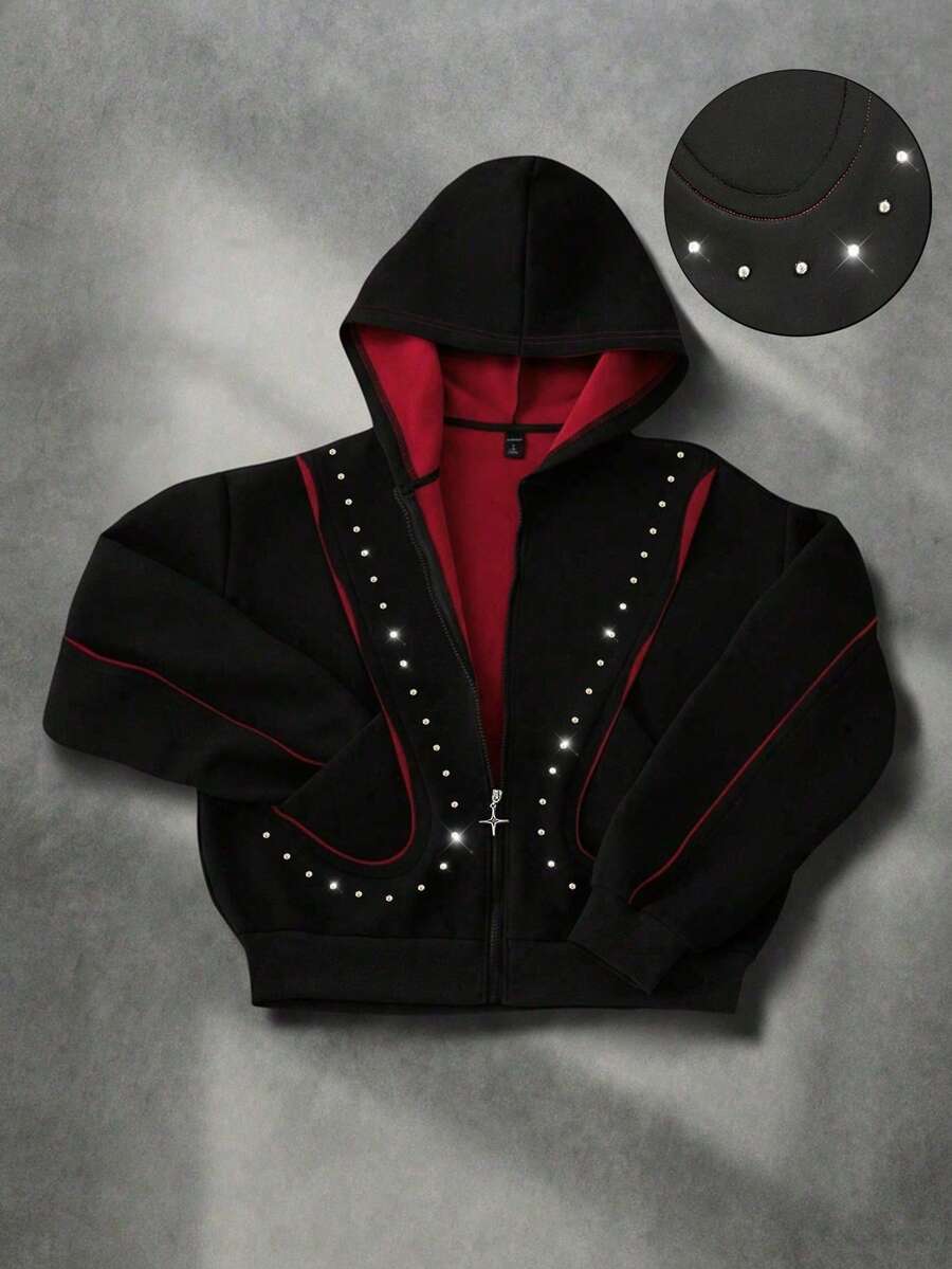 ROMWE MEN Áo nỉ nam phối màu tương phản, trang trí đinh tán, kiểu dáng đường phố cổ điển. - màu đen - Xem 1