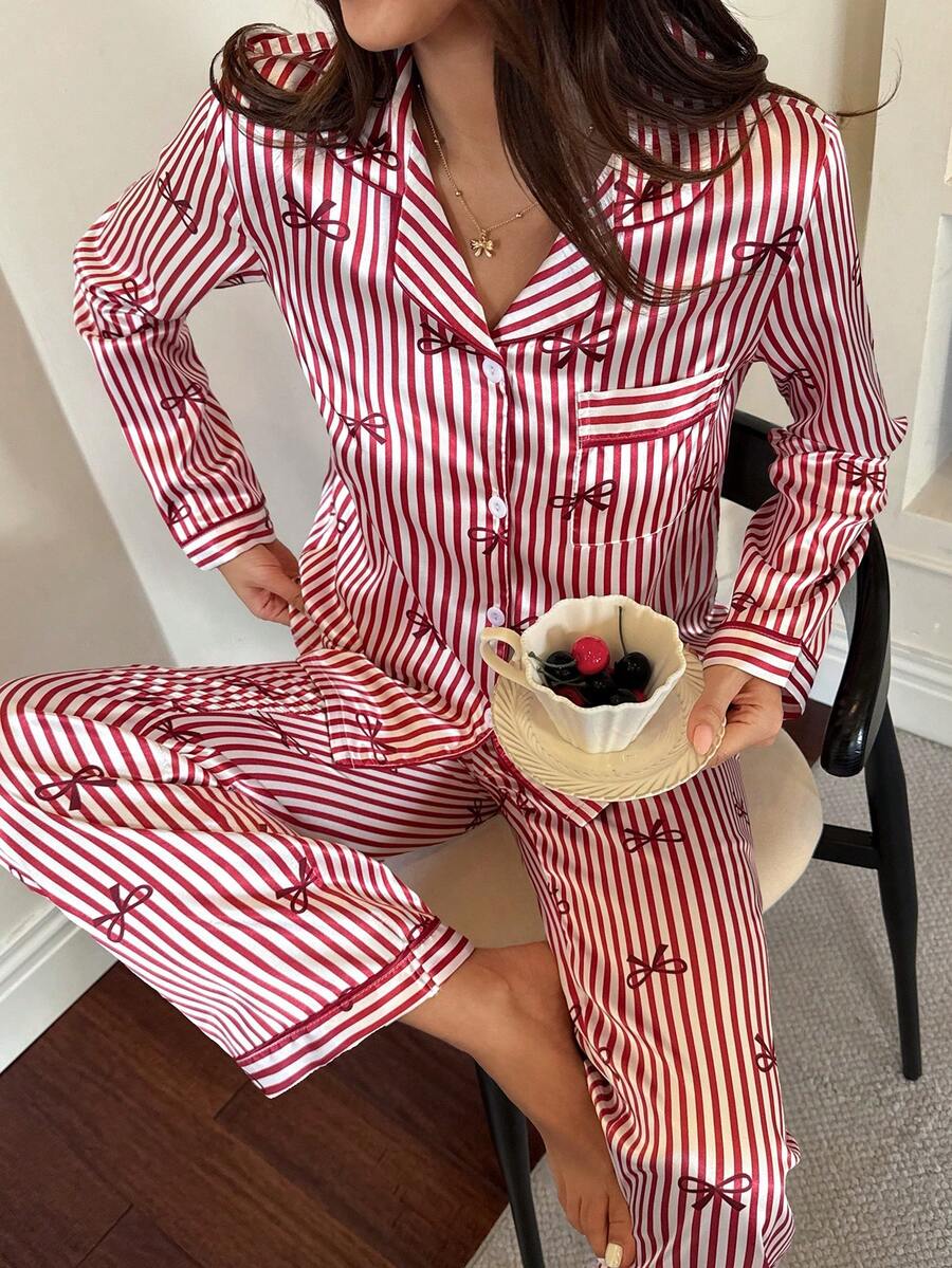 Dream Adore 仿丝绸蝴蝶结条纹女士睡衣套装 - 酒紅色 - 查看 1