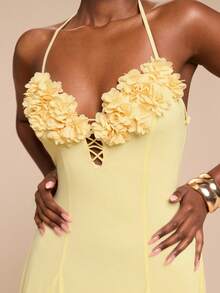 SHEIN BAE Đầm slip màu vàng đính hoa, đầm thanh lịch cho ngày Valentine, đầm vàng, đầm đi nghỉ mát, đầm sinh nhật, đầm dự tiệc - Màu vàng ngỗng - Xem 3