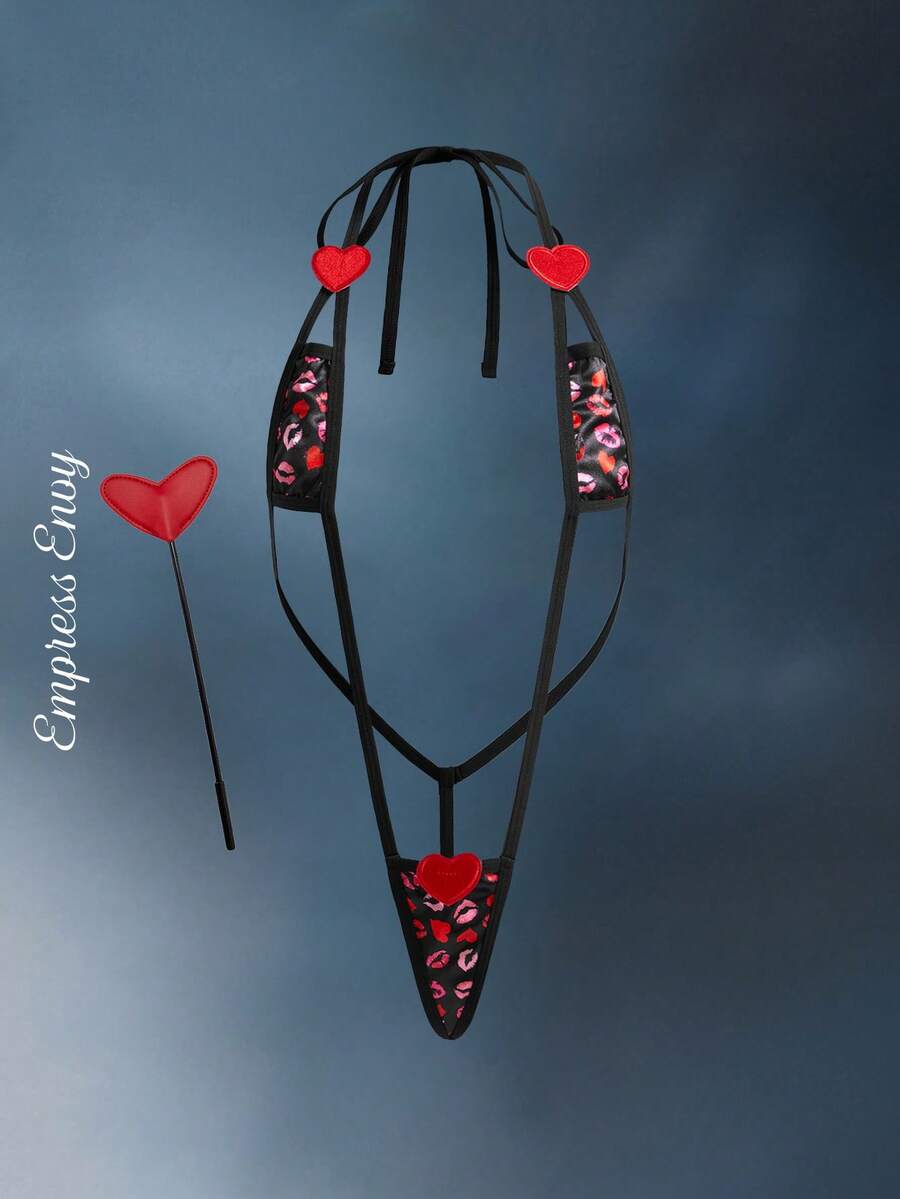 Fantasy Costume 2件套情人节粉色和红色缎面印花连体衣+手杖，女士内衣套装 - 紅色 - 查看 1