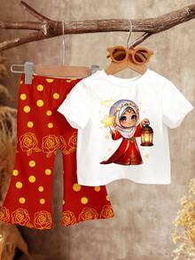 SHEIN Baby Girl Cartoon Girl Print Round Neck Short Sleeve T-Shirt And Flare Pants Casual Outfit - Multicolor - View 2