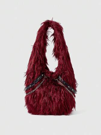 Grunge Punk Damen Umhängetaschen, Plüsch, Plüschtasche, Punk Nieten Bikertasche, Hobo Tasche, Burgunderrote Tasche, Weihnachtstasche, Geschenke für Frauen, Valentinstag, Metallkette, modisch, Persönlichkeit, vielseitig, Einkaufen, Straße, süße und coole Mädchen, heiße Mädchen, Y2K, Alltag, Herbst und Winter (zufälliges Muster)