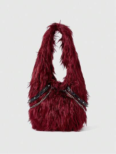 Grunge Punk Bolsos de hombro para damas/mujeres, de peluche, bolso de peluche, bolsos de motociclista con remaches punk, bolso tipo hobo, bolso burdeos, bolso de Navidad, regalos para mujeres, Día de San Valentín, cadena de metal, de moda, personalidad, versátil, compras, calle, dulce y chicas geniales, chicas calientes, Y2K, diario, otoño e invierno (patrón aleatorio)