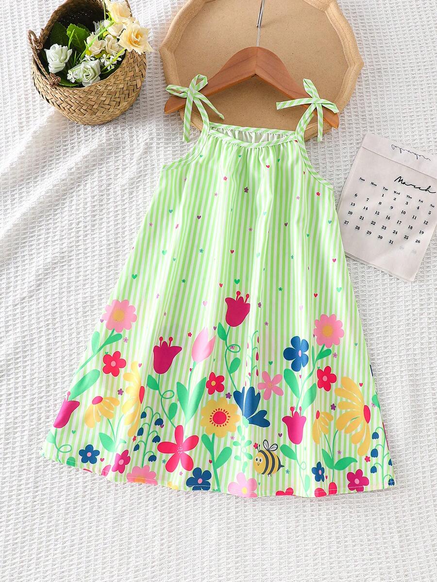 SHEIN Genkimix Kids 女童碎花休闲/假日吊带A字连衣裙 - 薄荷綠 - 查看 1