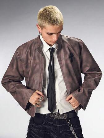 Street Life Herren Langarm Zip-Front Kreuz Grafik verzierte Punk Lederjacke