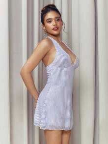 Criza Taa Spring/Summer Back To School Sleeveless V-Neck Mini Dress For Women, Blue Striped School Girl Style - Baby Blue - View 3