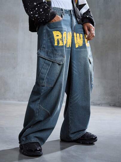 Street Life Men's Blue Letter Print Cargo Pants
