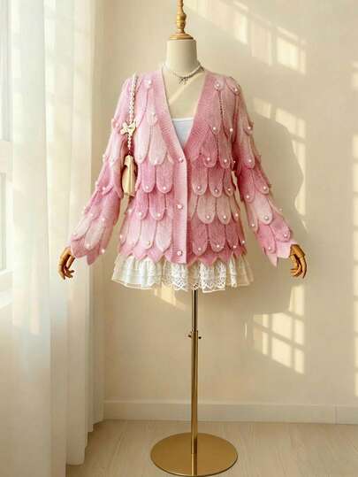 Sweetra 大码女式秋季珍珠装饰单排扣长袖开衫