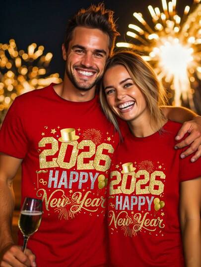 Manfinity Homme Men's Casual 2026 New Year Slogan Print Short Sleeve T-Shirt