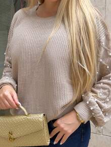Cioccolato Solid Color Round Neck Pearl Decor Elegant Long Sleeve Pullover Sweater,Long Sleeve Tops In Fall/Winter - Khaki - View 3