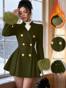 GlowEve Women's Elegant Regular Jacket With Fur Collar And Metal Double-Breasted Design, Autumn/Winter