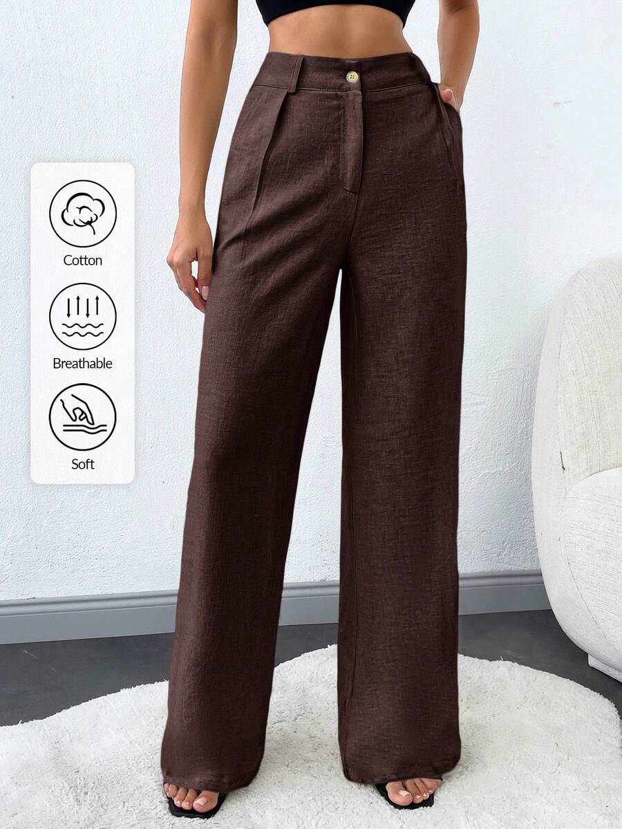 SHEIN Tall 高个子女士纯色斜口袋直筒裤 - 棕色 - 查看 1