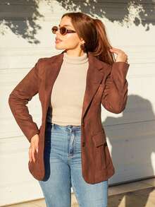 Lupita Cardoza 仿麂皮多口袋长袖优雅西装外套 - 棕色 - 查看 4