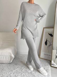 EURMUSE 100%Cotton Drop Shoulder Split Hem Tee & Pants - Light Grey - View 7