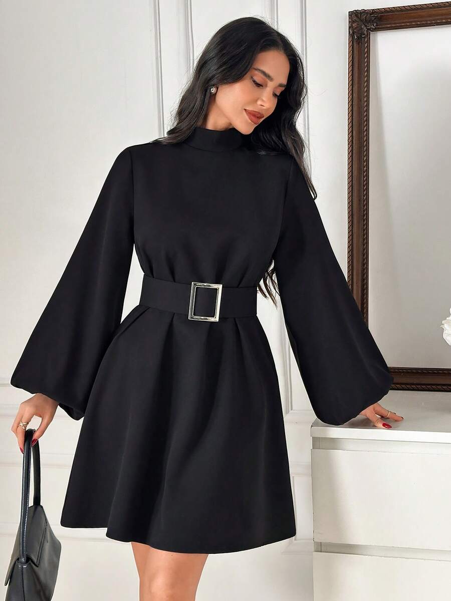 EURMUSE Mock Neck Trumpet Sleeve Belted Dress - Black - View 1