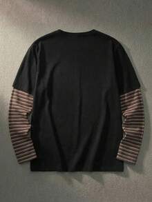 ESTAVOR Men's Henley Neck Long Sleeve Tee 2 In 1 Stripe Sleeves Soft Bear Embroidery Men's Patchwork Top Long Sleeve Men's Long Sleeve Henley - Black - View 2