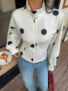 MainGRL White Base Polka Dot Print Casual Commuter Jacket For Women,Winter/Spring