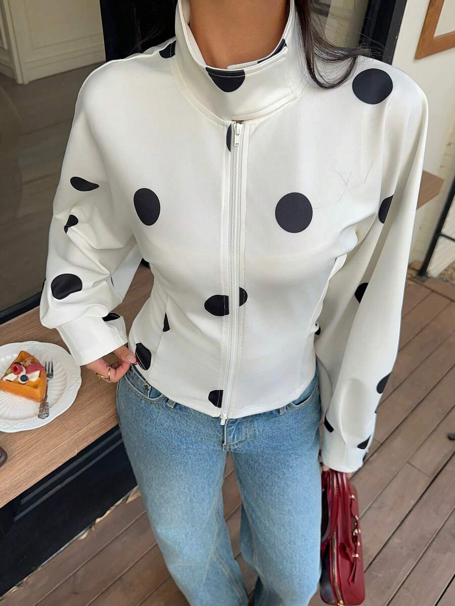 MainGRL White Base Polka Dot Print Casual Commuter Jacket For Women,Winter/Spring - White - View 1