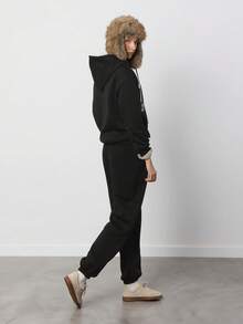 SURIMA 2pcs Women Black Casual Minimalist Hoodie Sweatshirt And Sweatpants Set, Streetwear