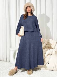 Auralis Setelan Rok Dua Potong Rajut Rib Warna Biru Tua Ukuran Plus yang Stylish, Atasan Lengan Panjang Raglan dengan Leher Bulat dan Bagian Atas Sepanjang Pergelangan Tangan, Pakaian Kasual - Navy Blue - View 3