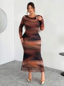 Firerie 大码优雅舒适派对、聚会、约会、舞会、假日等高端场合下午茶，弹力网纱荷叶边领口收腰长袖连衣裙，秋冬款 - 彩色 - 查看 4