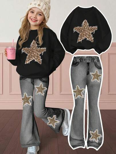 SHEIN Leap Crew 复古豹纹和星星图案，少女休闲简约加厚保暖柔软舒适宽松圆领长袖卫衣和喇叭裤两件套，适合秋季日常、街头风、校园风，轻松舒适，时尚童装，休闲服饰，儿童图案服装，秋季服装，时尚秋季，秋季新款，冬季时尚。