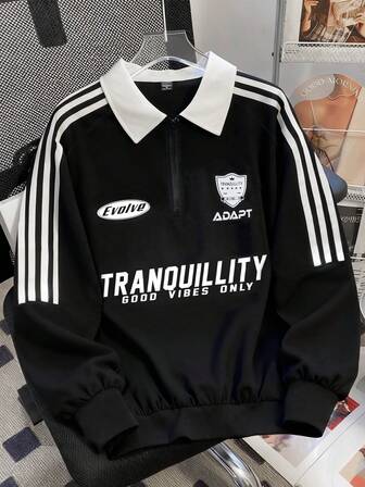 Aesthetic Post 男士休闲宽松条纹字母印花撞色长袖Polo衫，适合秋季穿着